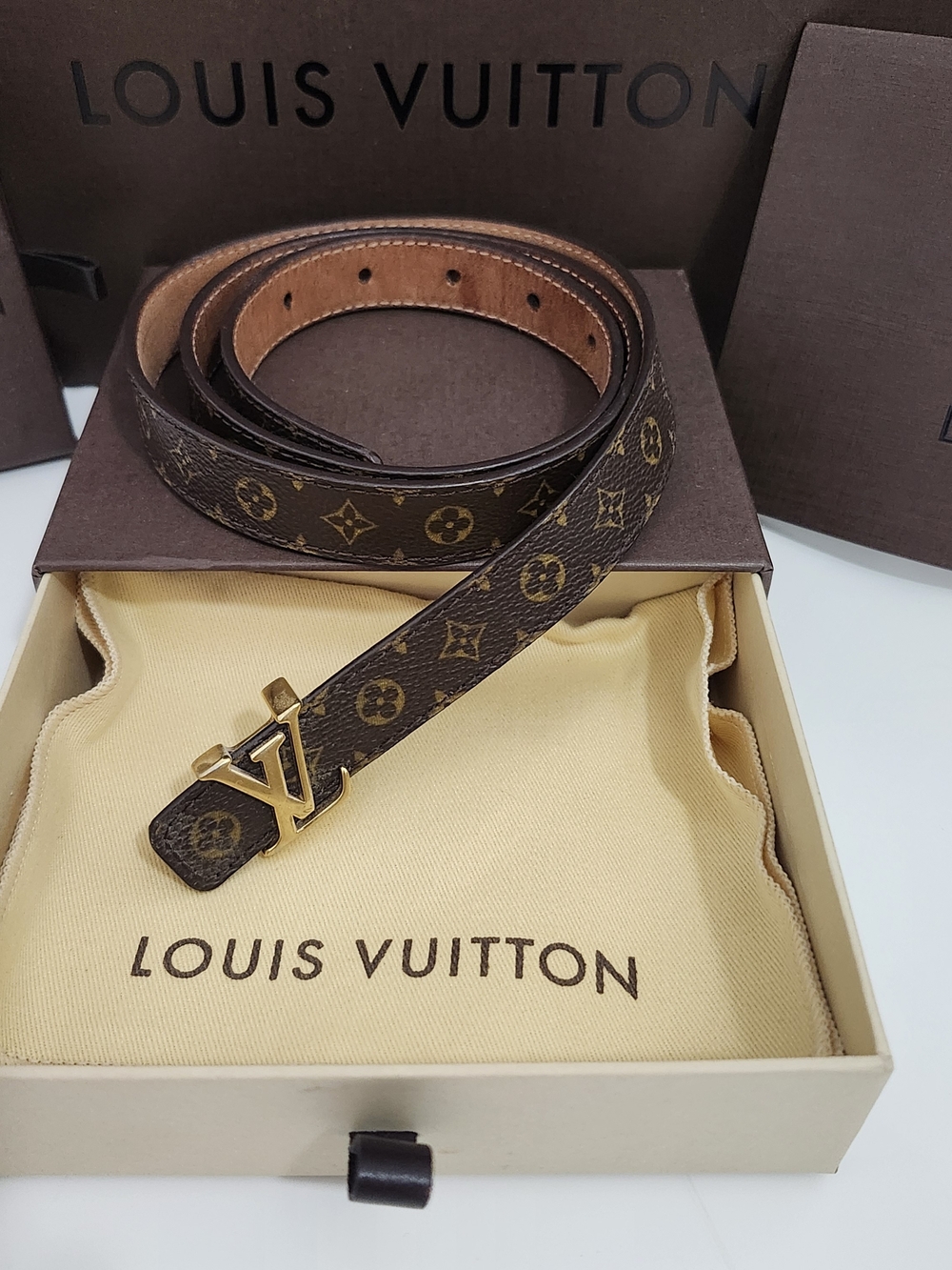 Louis Vuitton Iconic Monogram Leather Belt with Gold LV Initials
